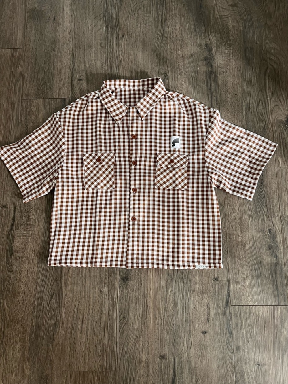 Sumwon Youth Large Brown Gingham Button Up Shirt Short Sleeve Streetwear